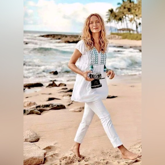 J. Jill Cap Sleeve Embroidered & Beaded Soft Rayon Tunic w Tassel Ties - Picture 4 of 11